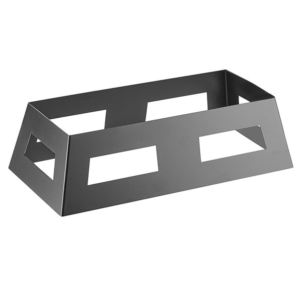 An American Metalcraft black iron rectangular griddle stand with holes.