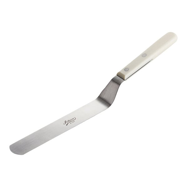 A metal offset spatula with a white handle and a long, flat blade.