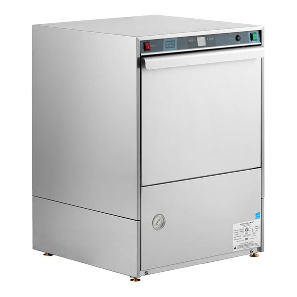 A stainless steel undercounter high temperature dishwashing machine with a front door and control panel.