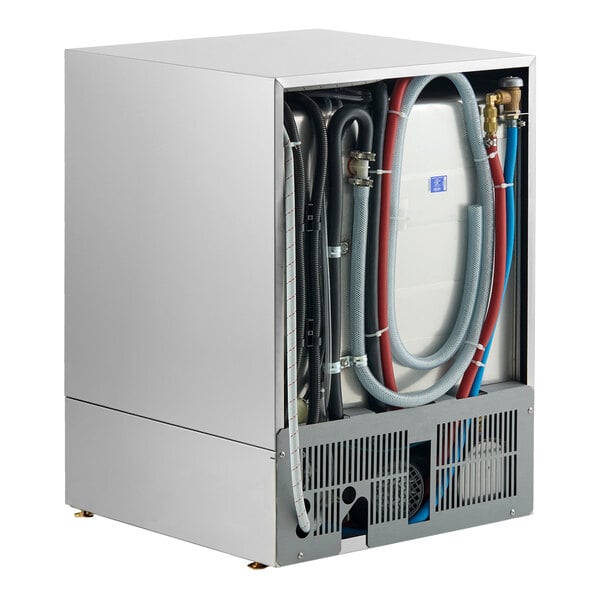 An undercounter high temperature dishwashing machine with visible internal hoses and components.