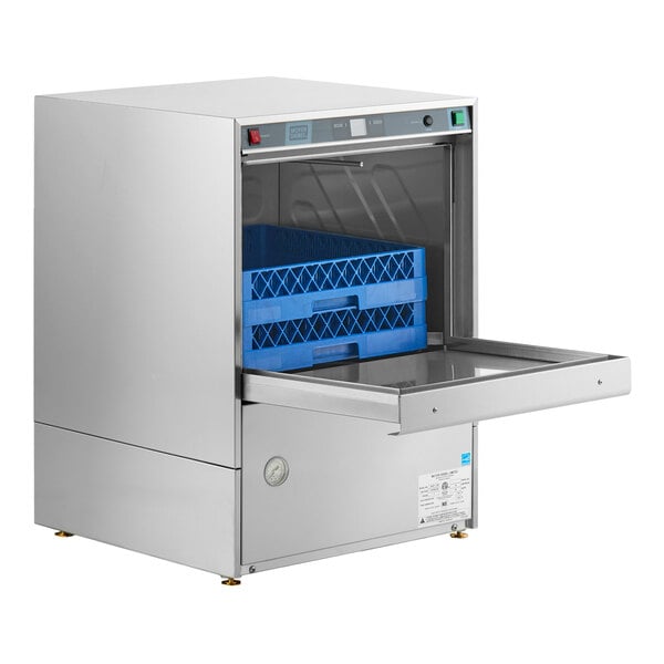 An undercounter high temperature dishwashing machine with a blue dish rack and an open front door.