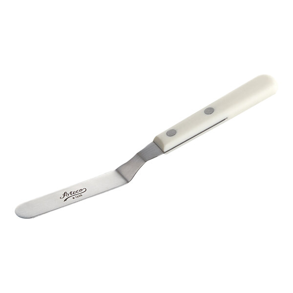 A metal offset spatula with a white handle and a flat, rounded blade.