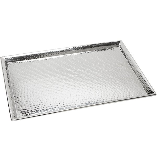 A silver rectangular American Metalcraft hammered stainless steel tray.