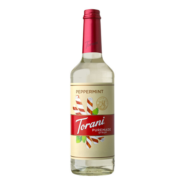 A Torani Puremade Peppermint Flavoring Syrup bottle with a red cap.