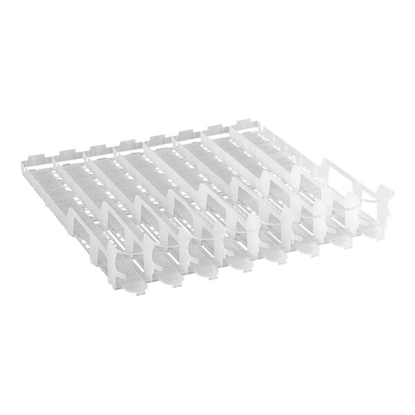 A white plastic rack with 8 lanes of holes for 1 liter bottles.