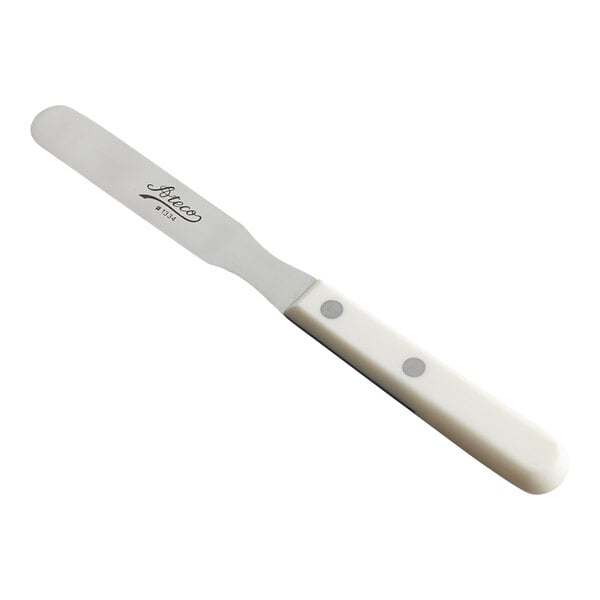 A metal spatula with a straight, rounded blade and a white handle featuring two rivets.