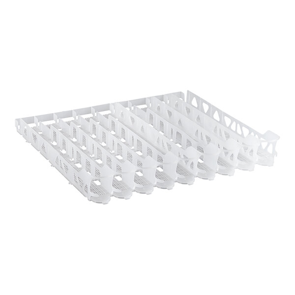 An Avantco white plastic rack with 9 lanes for bottles.
