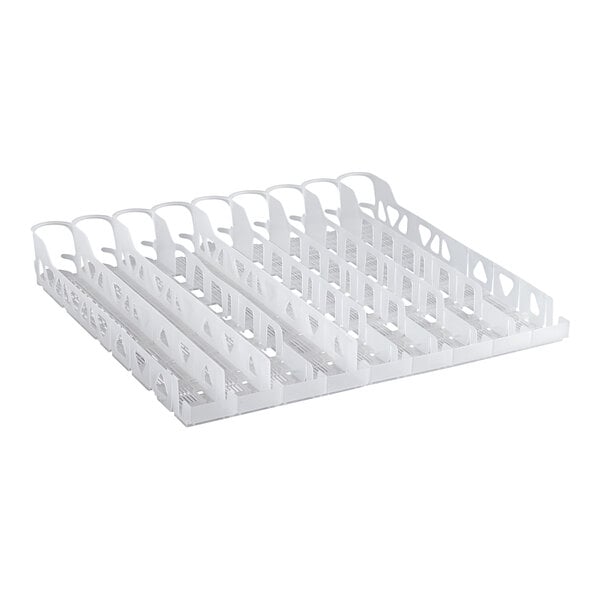 An Avantco white plastic gravity feed bottle organizer with 9 lanes.