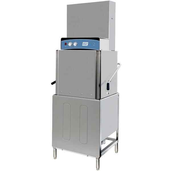 A Moyer Diebel stainless steel door-type dishwasher with a blue handle.