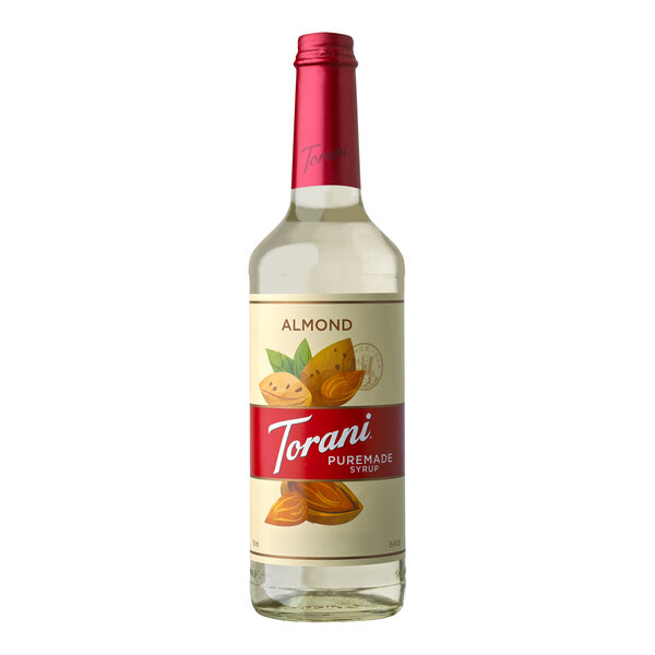 A close up of a Torani Puremade Almond Flavoring Syrup bottle.