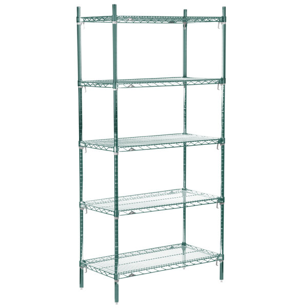 A green Metro 2 series wire shelving unit with four shelves.