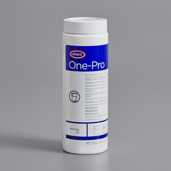 A white can of Urnex One Pro Beverage Equipment Cleaning Powder with a blue label.