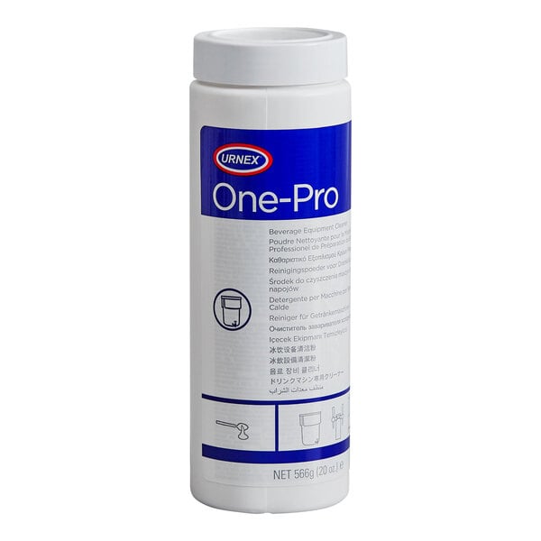 A container of Urnex One-Pro 20 oz. beverage equipment cleaning powder.