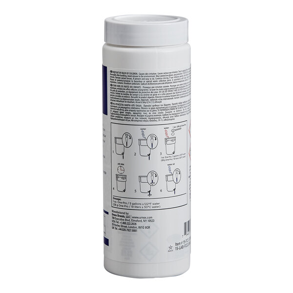 A white plastic container of Urnex One-Pro 20 oz. beverage equipment cleaning powder.