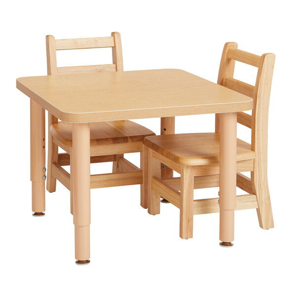 A Jonti-Craft Baltic Birch wood square table with adjustable legs.