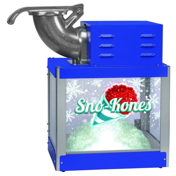 A Global Solutions by Nemco snow cone machine with blue and silver metal parts.