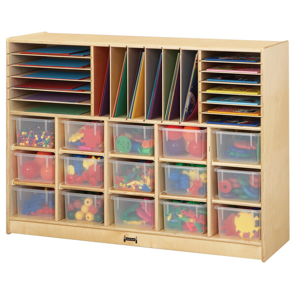 A Jonti-Craft wooden storage unit with plastic bins.