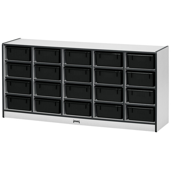 A white storage cabinet with black shelves holding black bins.