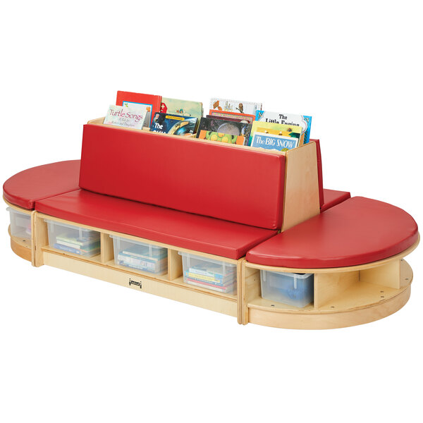 A Jonti-Craft wood couch with red padded seating and clear tubs.