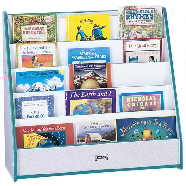 A blue and white Rainbow Accents book rack filled with books.