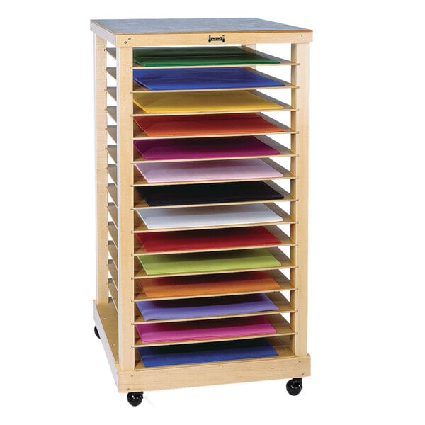 A Jonti-Craft wooden rack with different colored sheets.