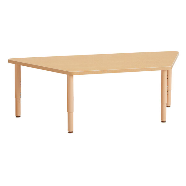 A Jonti-Craft Baltic Birch trapezoid table with adjustable legs.