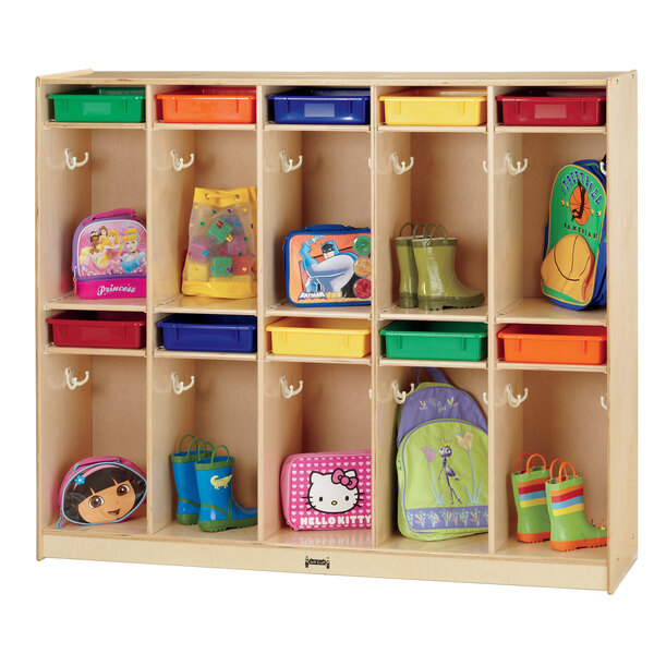 A Jonti-Craft wooden take-home center with colored plastic paper trays.