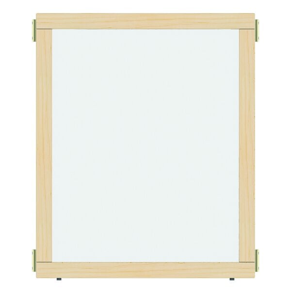 A white board with a wooden frame and a glass door.