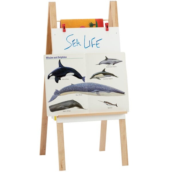 A white Jonti-Craft standard teacher's easel with a blue whale on the Write-n-Wipe board.