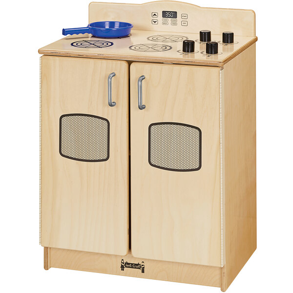 A Jonti-Craft wooden toy kitchen stove with two ovens, a blue pot, and a blue kettle on top.