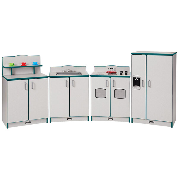 A white and green kitchen cabinet with silver handles.