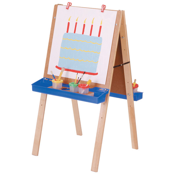 A Jonti-Craft wooden painting easel with a cake drawing on it.