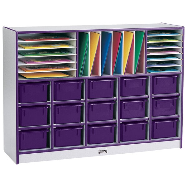 A purple and white Rainbow Accents mobile storage cabinet with many drawers.