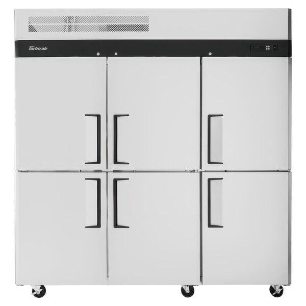 A white Turbo Air M3 Series reach-in refrigerator with black handles on the doors.