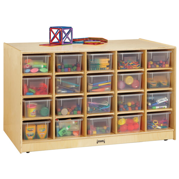 A Jonti-Craft wooden storage unit with plastic bins.
