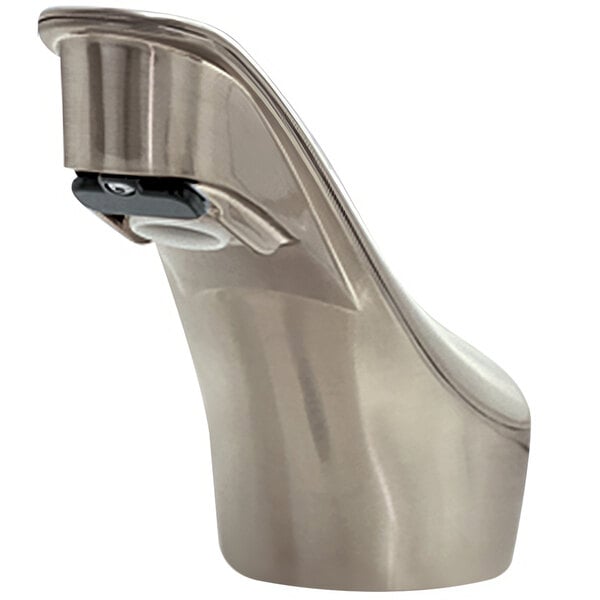 A close-up of a Bobrick brushed nickel counter-mounted automatic faucet.