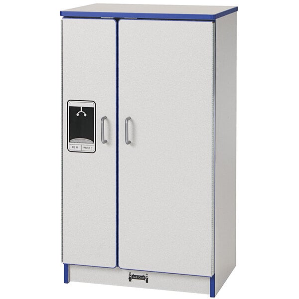 a white cabinet with blue handles