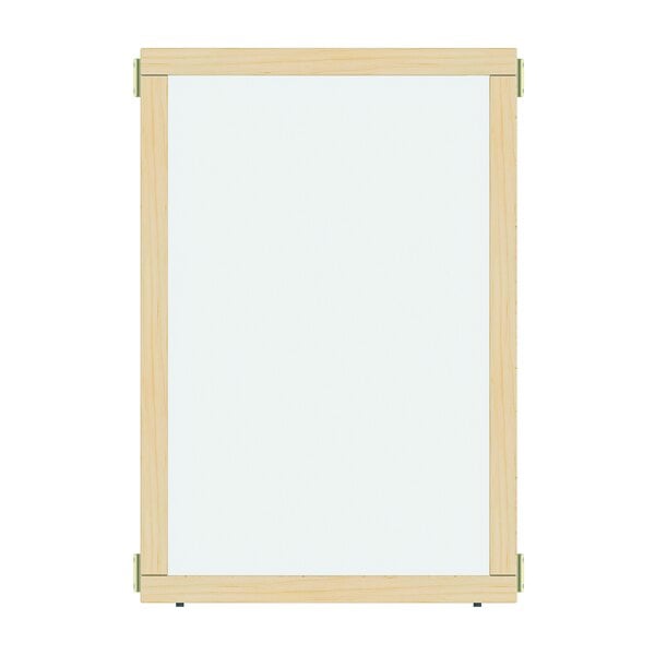 A white board with a wooden frame.