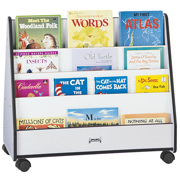A black mobile double-sided book rack with books on it.