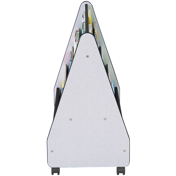 A black mobile double-sided book rack with books on it.