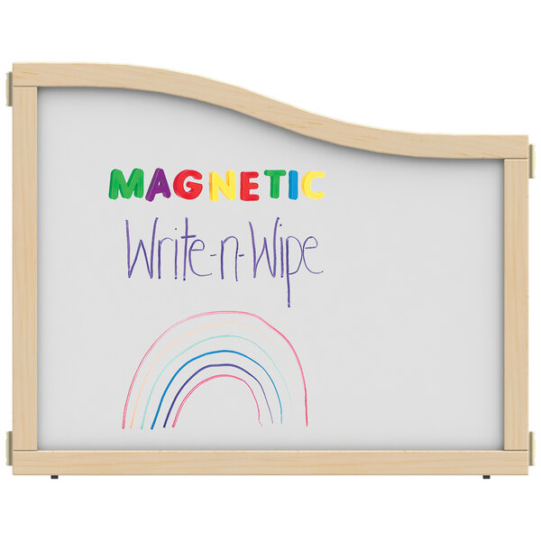 A white KYDZ Suite magnetic write-n-wipe board with rainbow writing.