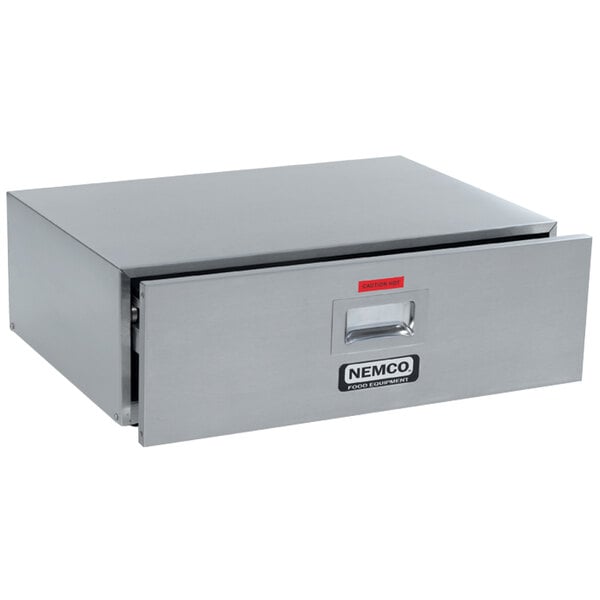 A silver drawer with a red handle and a red label holding buns for a Nemco 8018 Series Hot Dog Roller Grill.