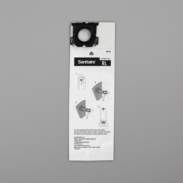 A white package of Sanitaire Premium paper vacuum bags with a circle showing a picture of a vacuum.