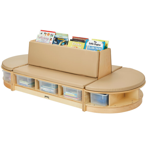 A Jonti-Craft wood couch set with clear trays and padded seats.