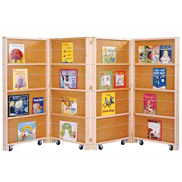 A white Jonti-Craft mobile library bookcase with books on the shelves.