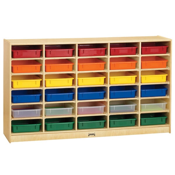 A Jonti-Craft wooden storage cabinet with many colorful bins.