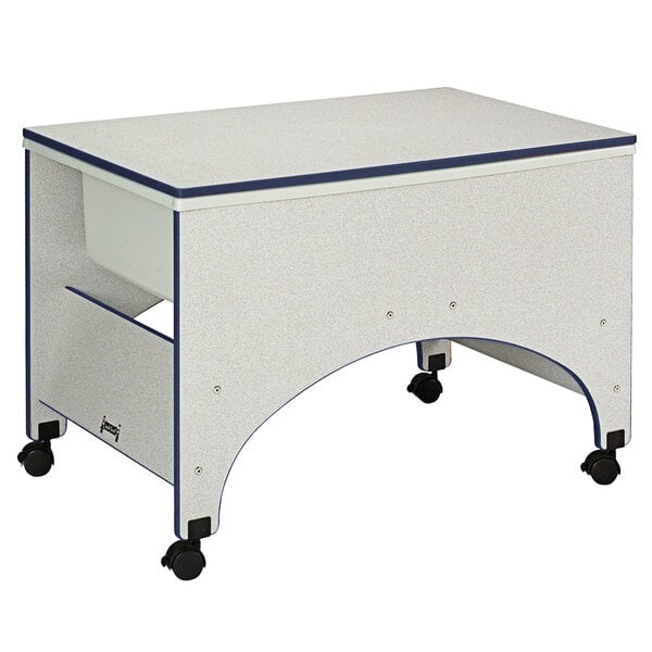 a white and blue desk with wheels