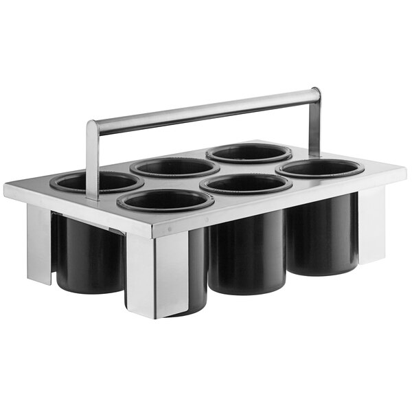 A Steril-Sil stainless steel flatware basket with black solid cylinders inside.