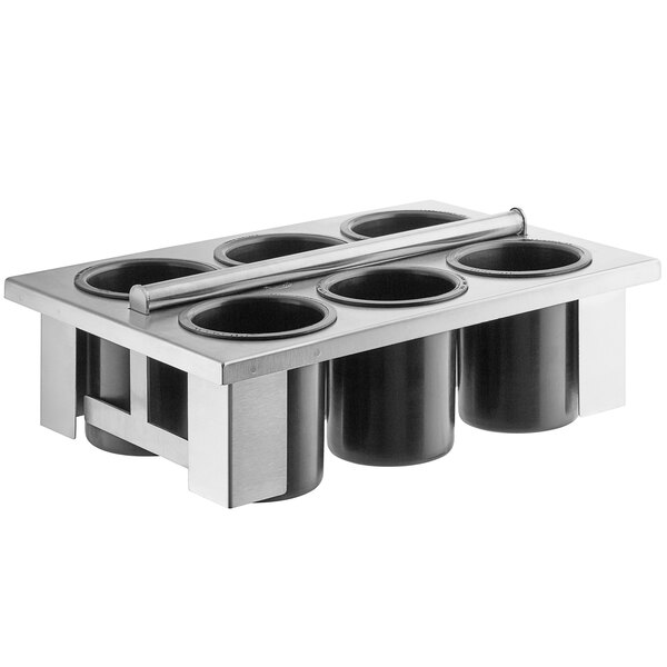 A Steril-Sil stainless steel drop-in flatware basket with black solid cylinders.