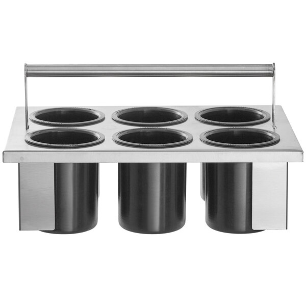 A Steril-Sil stainless steel flatware basket with black solid cylinders.